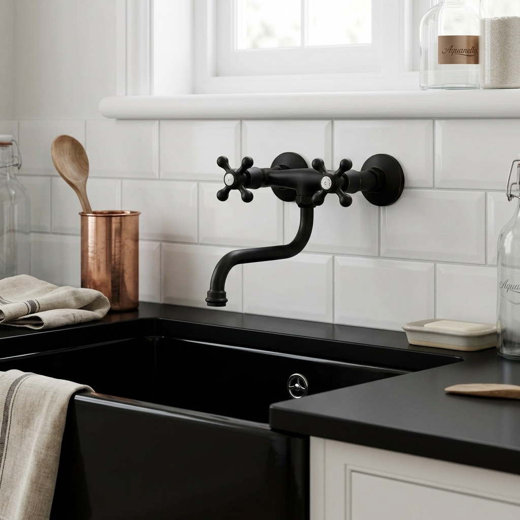 Aquanello Heritage Ascot Nostalgische Wandkeukenkraan Zwart Tweegreeps BL-4111-HA